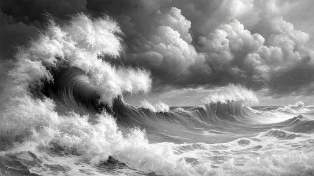 Powerful ocean waves crash under dramatic stormy sky in this black and white seascape, capturing raw energy of nature with rolling waves and turbulent clouds