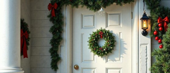 White door with a small but elegant Christmas wreath , white, door, festive