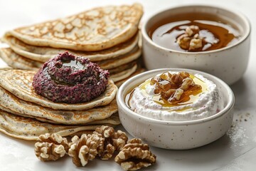 Mini crepes: mushroom pâté with truffle oil, cream cheese with beet hummus, and yogurt with honey and walnuts.