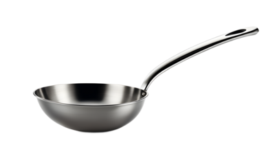 A stainless steel ladle with a curved handle on a empty plain background