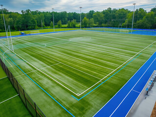 Aerial View of Large Handball and Soccer Training Facility with Multiple Blue Fields