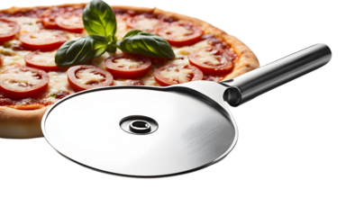 A stainless steel pizza cutter with a sharp rotating blade on a empty plain background