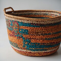 A vibrant, handwoven basket with rich ethnic patterns resting on a white backdrop.