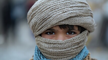 Child's portrait, winter clothing, city background, pensive expression,  stock photo