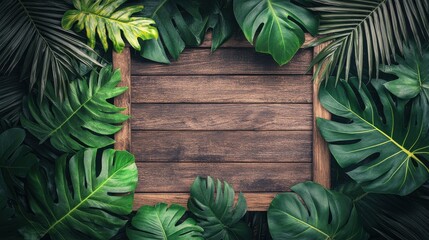 Tropical Green Leaves Surrounding a Wooden Frame on Dark Background