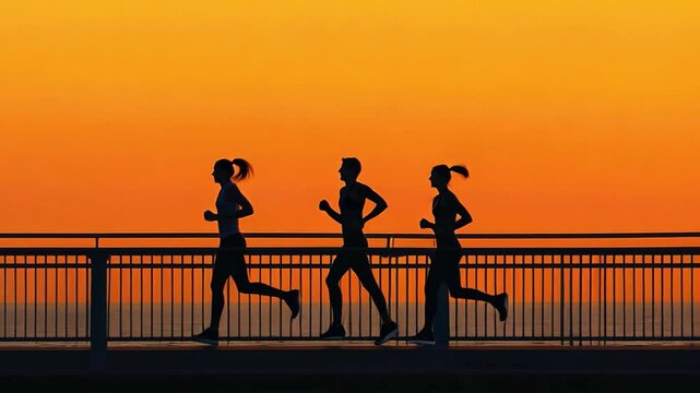 Runners Silhouette at Sunset:  A striking silhouette of three runners against a fiery orange sunset, showcasing their determination and perseverance as they stride along a bridge.