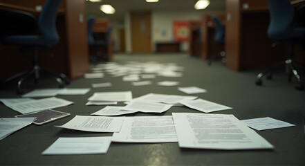 Scattered documents on the floor in an office crime scene