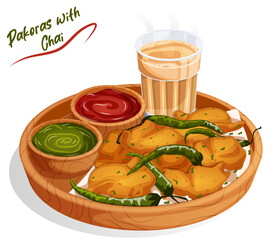 Spicy Pakoras with Masala Chai, Mint Chutney and Ketchup served in Wooden Thali. Popular Asian Fried Street Snacks Illustration