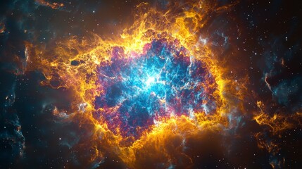 Naklejka premium Bright and Colorful Cosmic Explosion in Space with Vibrant Flame-like Structures and Stars Twinkling in the Background