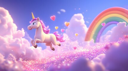 Obraz premium Enchanted Unicorn Galloping Through Colorful Rainbow and Clouds