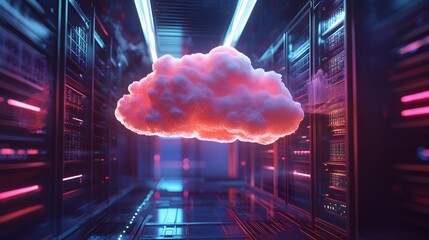 Futuristic Cloud Hovering in Neon Server Room Environment
