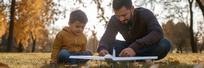 A father and son working together on a model airplane in a park, fostering creativity and bonding.