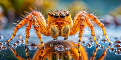 Fototapeta premium Close-Up of Orange Spider with Water Droplet Reflection - Macro Photography