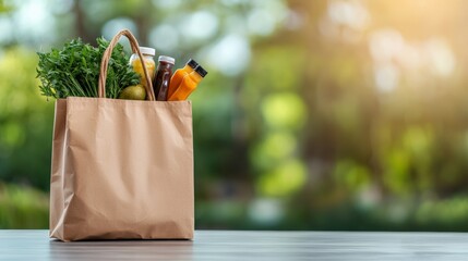 Eco-friendly brown paper bag with fresh groceries on a wooden table outdoors