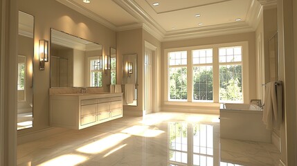 Luxurious bathroom with large windows, marble floors, double vanity, and freestanding bathtub.