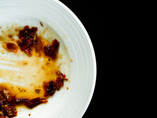 Dirty plate top view background, finished eat dinner in restautant, abstract textuer stain smearing drip sauce bbq jam chilli jelly on ceramic breakfast, concept for clean hyginene product.