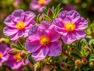 Fototapeta premium Close-up of Wild Cistus Creticus Flower, Mediterranean Shrub, Pink Blooms, Detailed Macro Photography