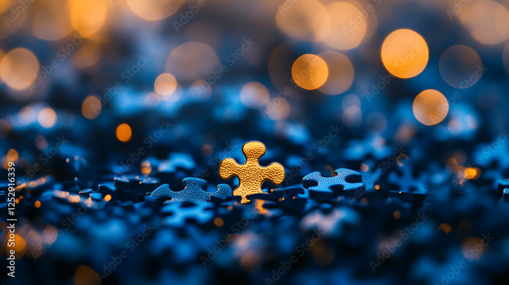 Poster Close-up of a single glowing puzzle piece on top of scattered puzzle pieces, symbolizing problem-solving, focus, and determination, illuminated by soft light with a bokeh background.