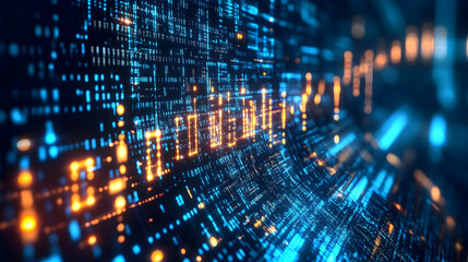 A digital representation of data flow and analytics with orange and blue glowing elements.

