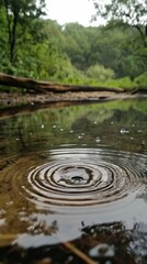 Water ripples, forest reflection, tranquil scene.