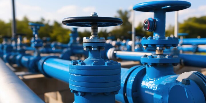 A detailed close-up of blue industrial valves and pipes showcasing engineering and infrastructure.