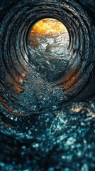 View Through Drain Pipe with Water Flow and Bright Sunset Reflection