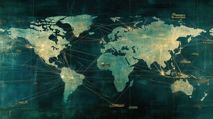 A world map with connected shipping routes, airplanes, and cargo trucks representing customized logistics services.
