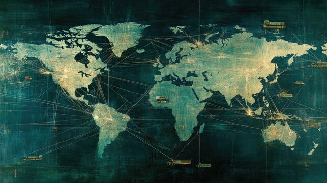 A world map with connected shipping routes, airplanes, and cargo trucks representing customized logistics services.