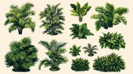 Various Illustrations of Tropical Plants and Green Foliage Elements