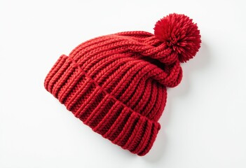 Vibrant Red Knitted Beanie with PomPom on White Background: Textured Wool Patterned Headwear. A red knitted hat with a pom pom on a white background.