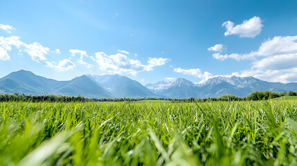 Lush green meadow, mountain backdrop, sunny day, nature scene; ideal for travel brochures