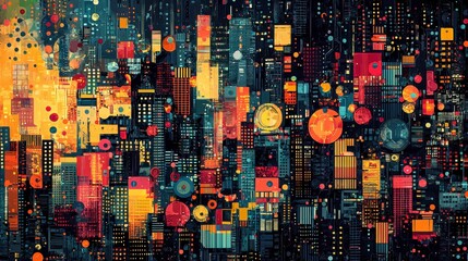Obraz premium Abstract Urban Art Featuring Colorful Circles and Geometric Shapes Within a Vibrant Cityscape at Night