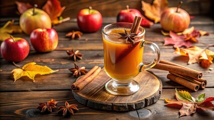 Fototapeta premium Warm spiced hot cider in a rustic glass mug garnished with a sprinkle of cinnamon powder on a wooden table, autumn decor, rustic glass