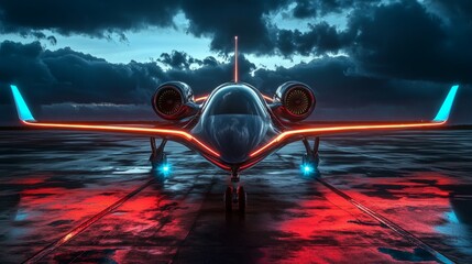 Sleek Modern Jet Aircraft with Dramatic Cloudy Sky at Dusk