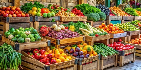 Vibrant market stand with colorful array of seasonal fruits and vegetables