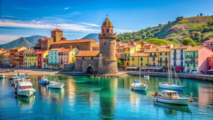 Fototapeta premium Collioure Coastal Village, France: Colorful Buildings and Boats in Sunny Harbor