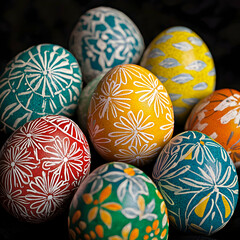 Vibrant Easter eggs with intricate designs, arranged beautifully, creating a festive mood.