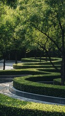 Serene Curved Pathway Surrounded by Lush Greenery in Park