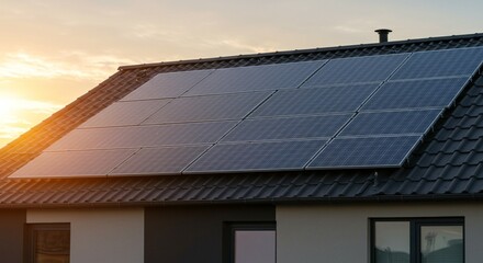 Fototapeta premium close up of a Modern eco friendly passive house with solar panels on rooftop. Home solar panel. Solar panels on roof of modern apartment building in city during the sunset with sun flare