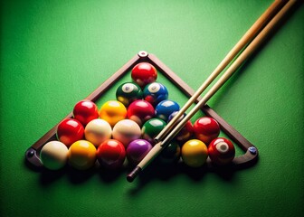 Colorful Billiard Balls & Cue on Green Felt Table - Conceptual Photography