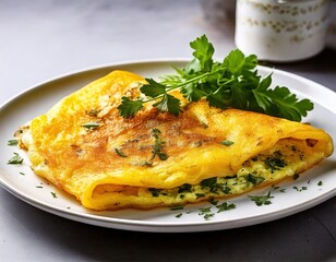 golden omelette garnished with fresh herbs on a white plate, symbolizing a perfect breakfast