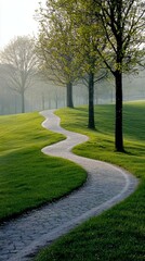 Tranquil Winding Path Through Lush Green Park Landscape