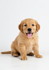 2 week old golden retriever puppy sitting panting on white background, looking friendly and relaxed