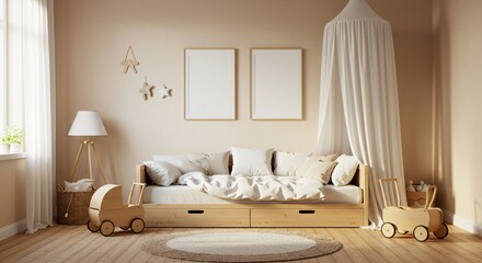 Calm Nursery Interior with Two Blank Frames and Wooden Accents Decor