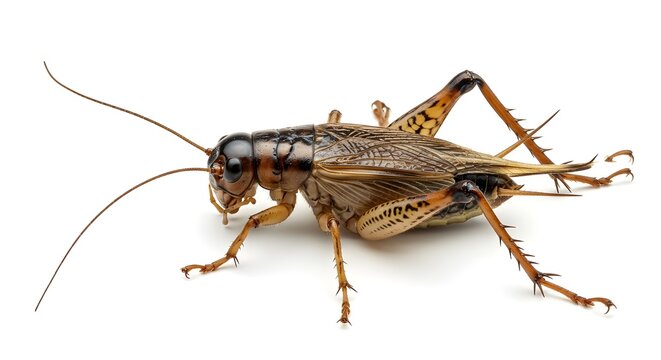 Close-up of a cricket insect legs, and antennae on a white background