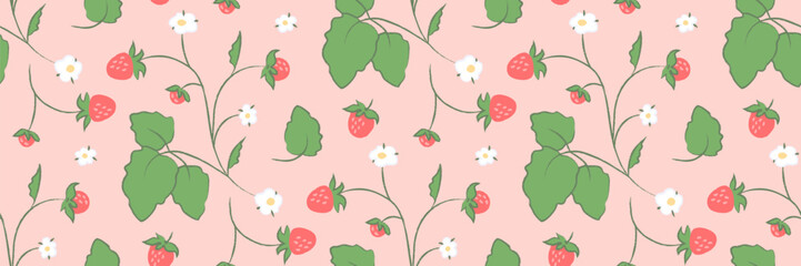 Seamless strawberry pattern with hand drawn ripe berries, green leaves, and white flowers on a soft pink background. Crayon pencil texture. Cute wallpaper for spring, summer designs, print, textile.