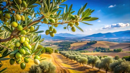 Mature green olives ripening on a lush olive tree amidst sun-kissed Mediterranean landscape with rolling hills and endless blue sky , rural scenery, tree branches