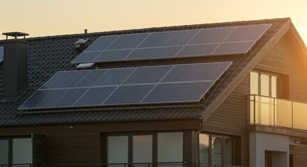 Fototapeta premium close up of a Modern eco friendly passive house with solar panels on rooftop. Home solar panel. Solar panels on roof of modern apartment building in city during the sunset with sun flare