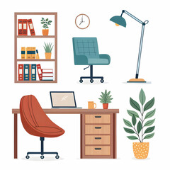 Fototapeta premium Modern interior furniture and accessories cartoon style icons for trendy office renovation