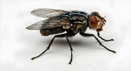 Obraz premium Close-up of a fly insect showcasing its wings, legs, and detailed body structure, captured on a white background